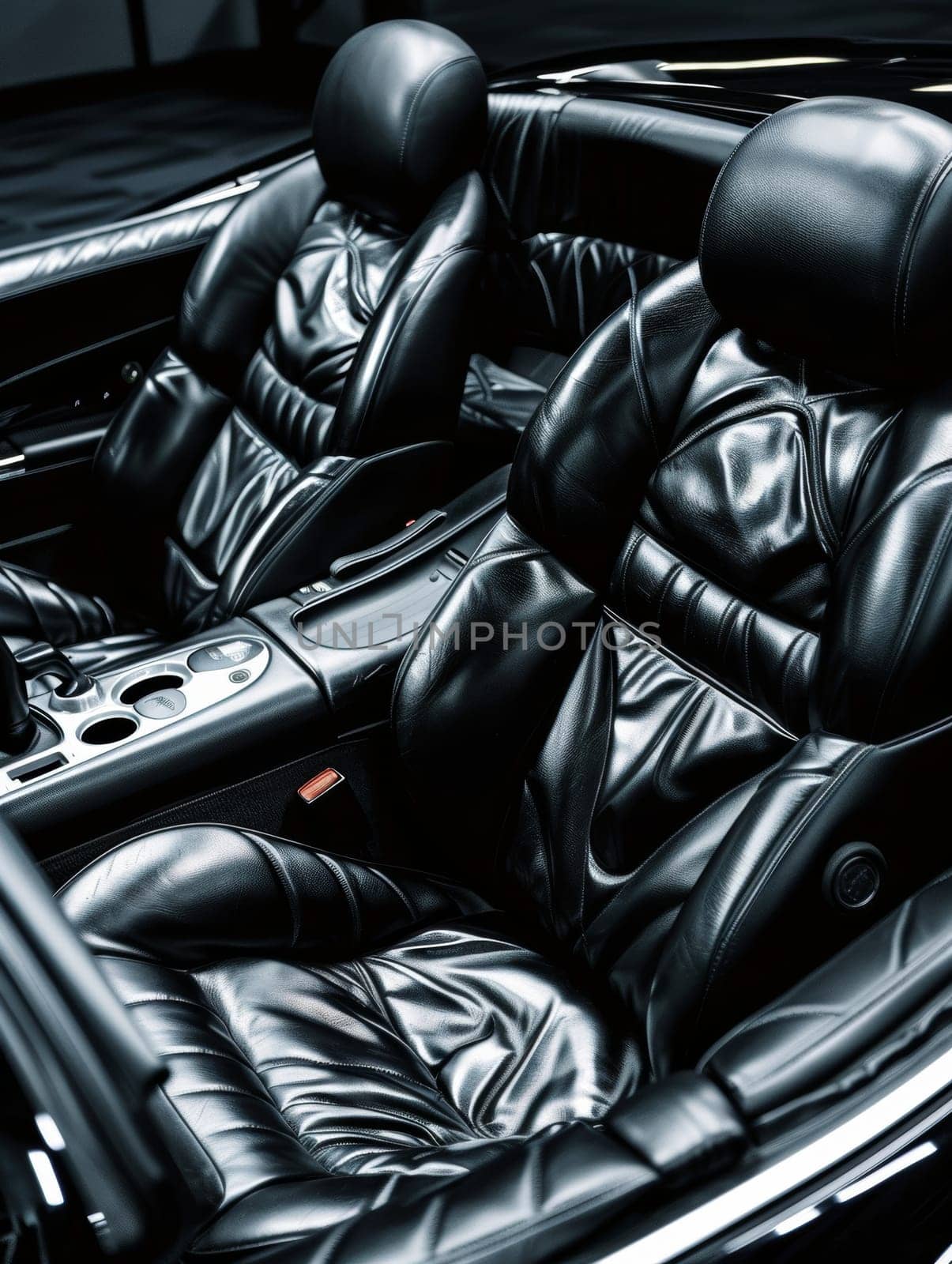 The image showcases the luxurious comfort of plush black leather car seats with a detailed focus on the stitching and design. The high-quality materials used reflect sense of exclusivity and comfort