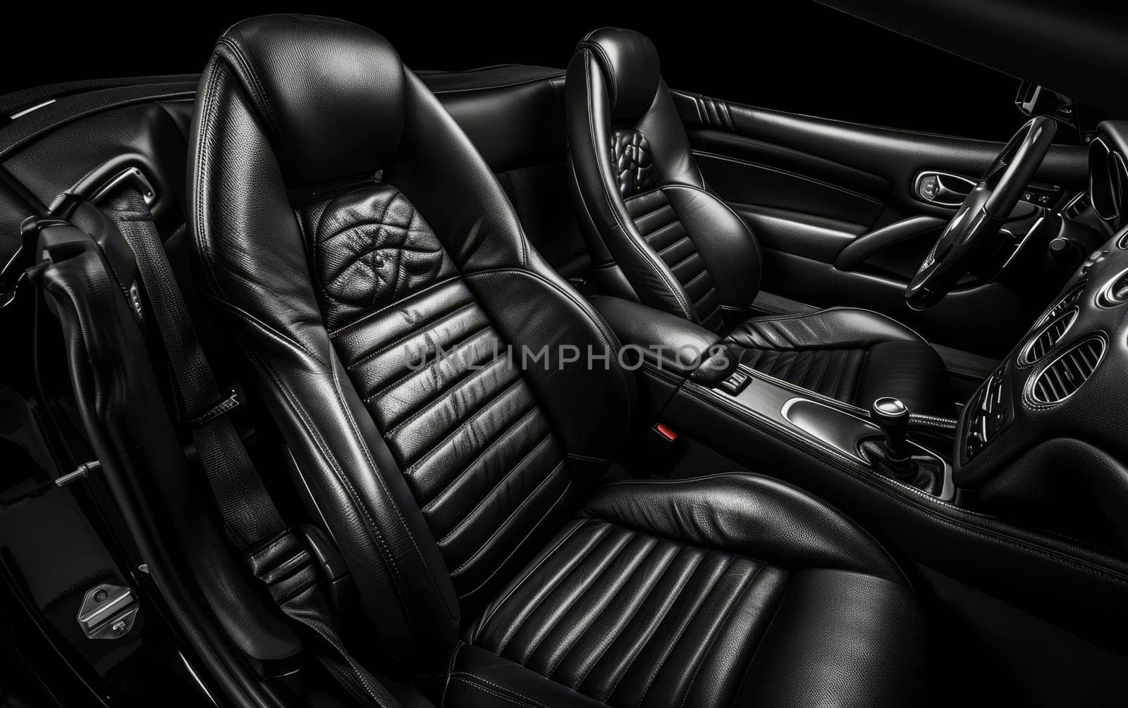 The photograph highlights the luxury of black leather car seats with a dynamic contrast against dark details. The cabin evokes a feeling of high-end sophistication with every stitch