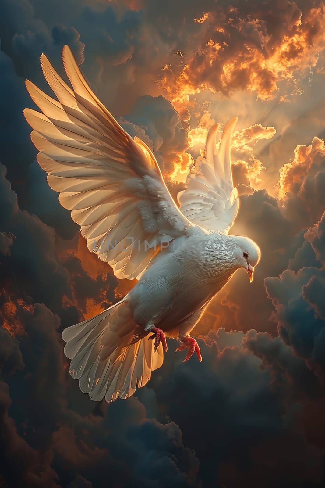 A white dove flying in the sky with a sun shining on it. The image has a peaceful and serene mood, as the dove is soaring high above the clouds