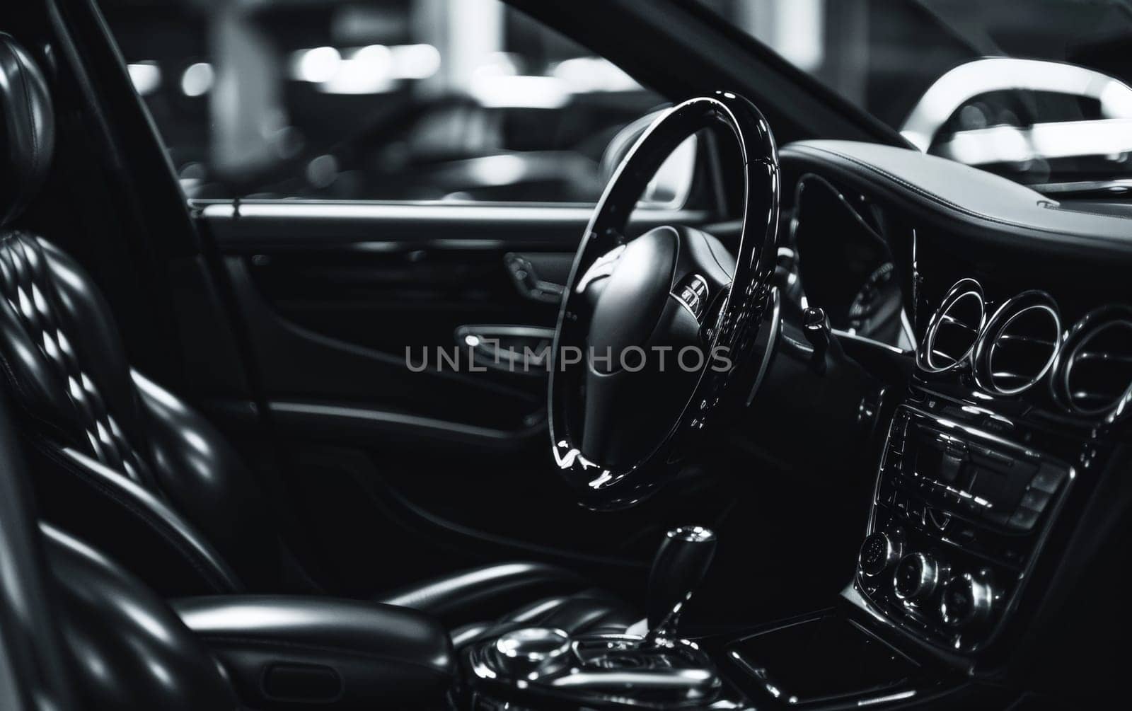 A sleek steering wheel and polished dashboard highlight this car's modern design. Chrome accents and smooth contours give a sense of sophistication and control. by sfinks