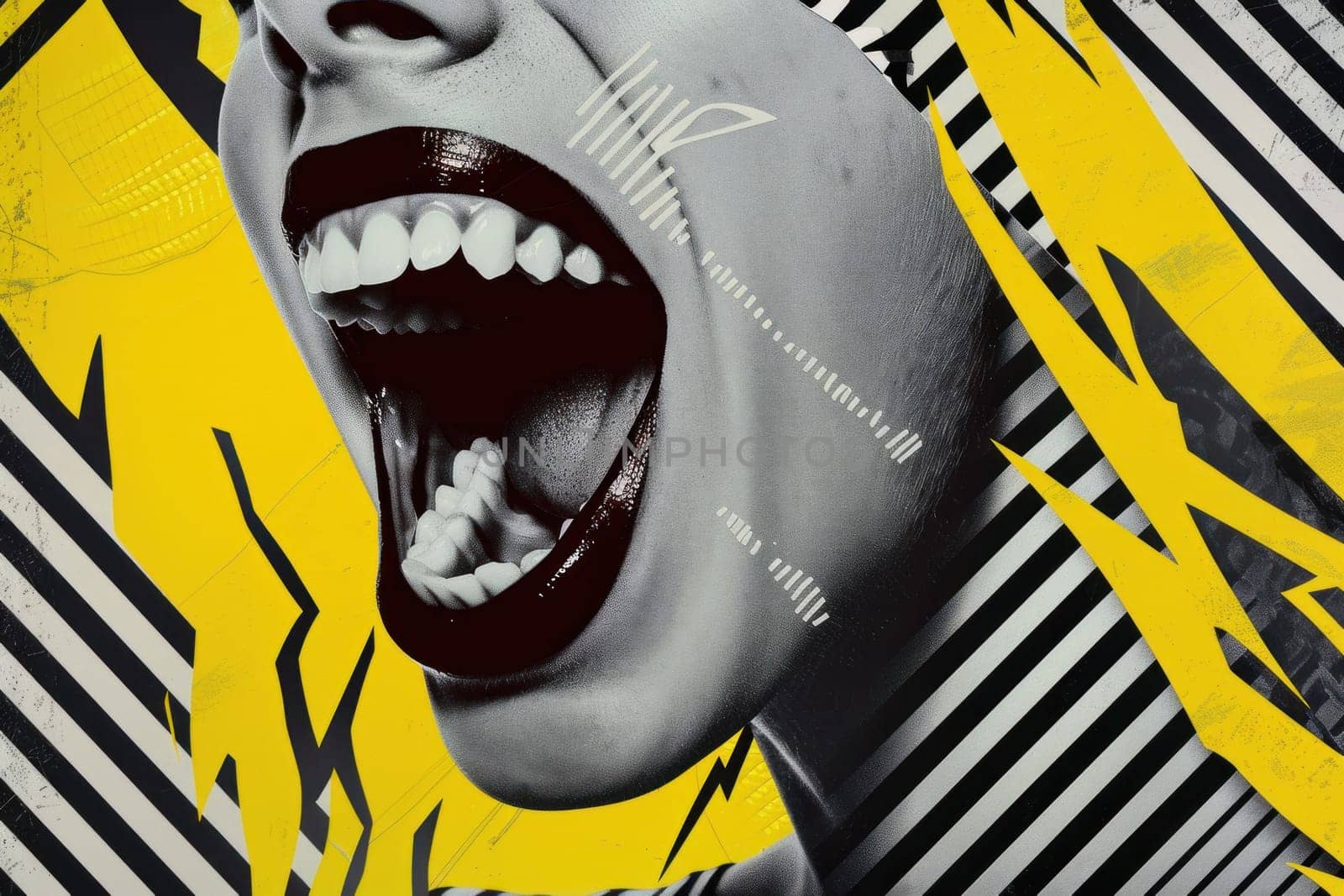Surprised woman in front of vibrant yellow and black stripes background with open mouth