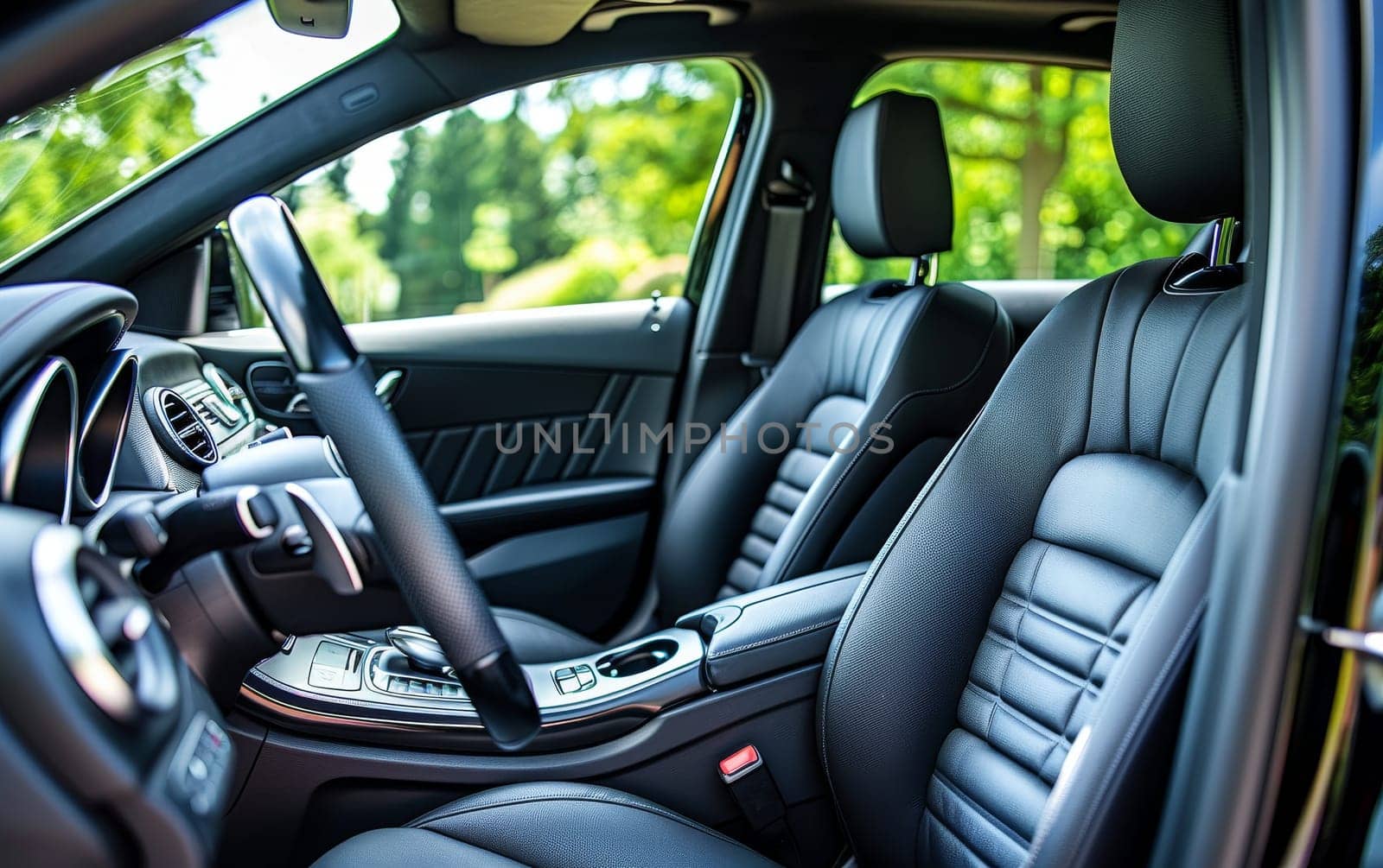 This luxury car's interior boasts a panoramic sunroof and meticulously crafted seats. The design exudes comfort and a connection with the outdoors. by sfinks