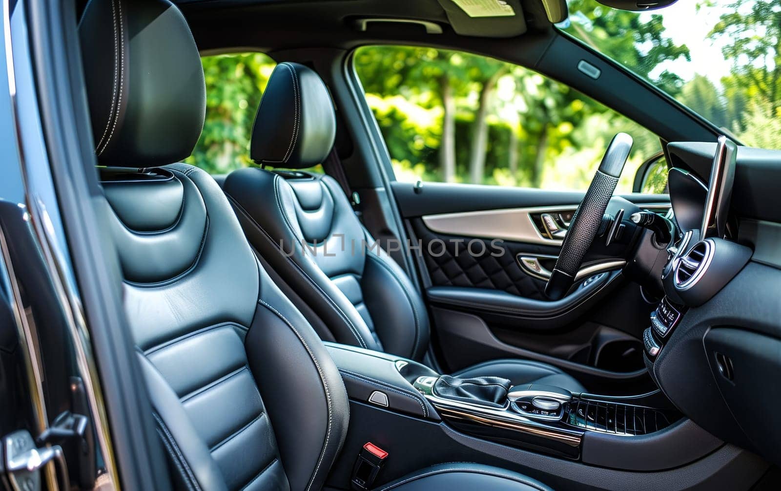 A harmonious blend of luxury and technology defines this car interior. The sunroof invites light, enhancing the top-quality leather seating