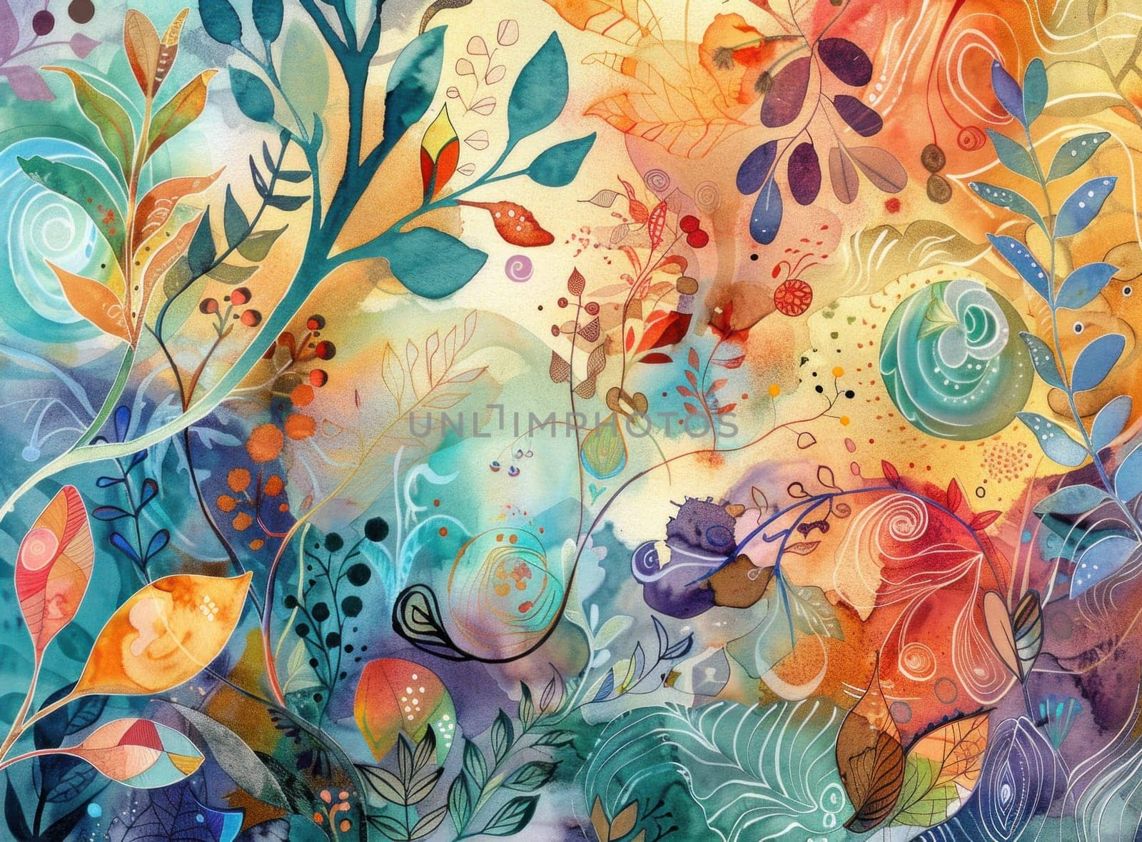 Colorful floral and leaf watercolor painting on vibrant background for artistic inspiration and relaxation