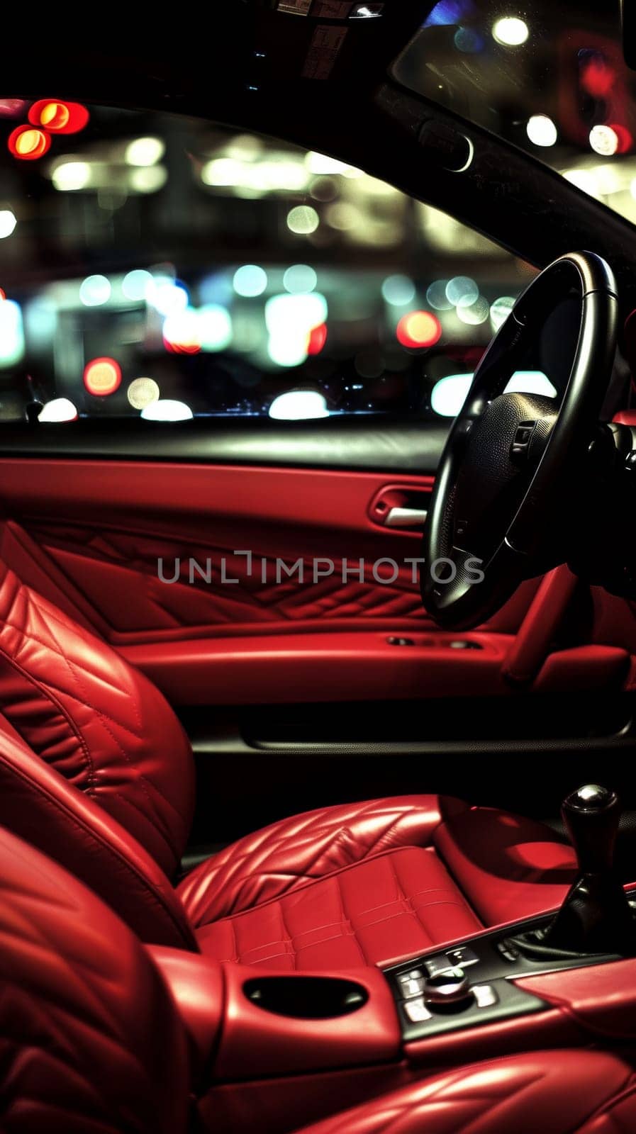 Red leather seats glow under the night city lights, offering a luxurious and vibrant escape in the urban landscape. by sfinks