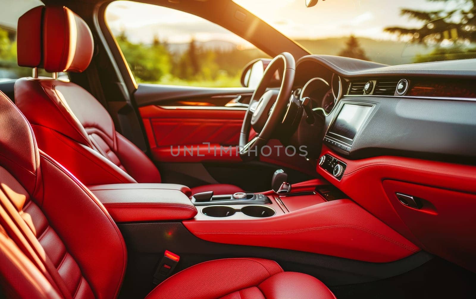 The interior of a luxury car glows with the warmth of sunset, highlighting the red leather seats and sophisticated dashboard design. It's a blend of comfort and modern luxury. by sfinks