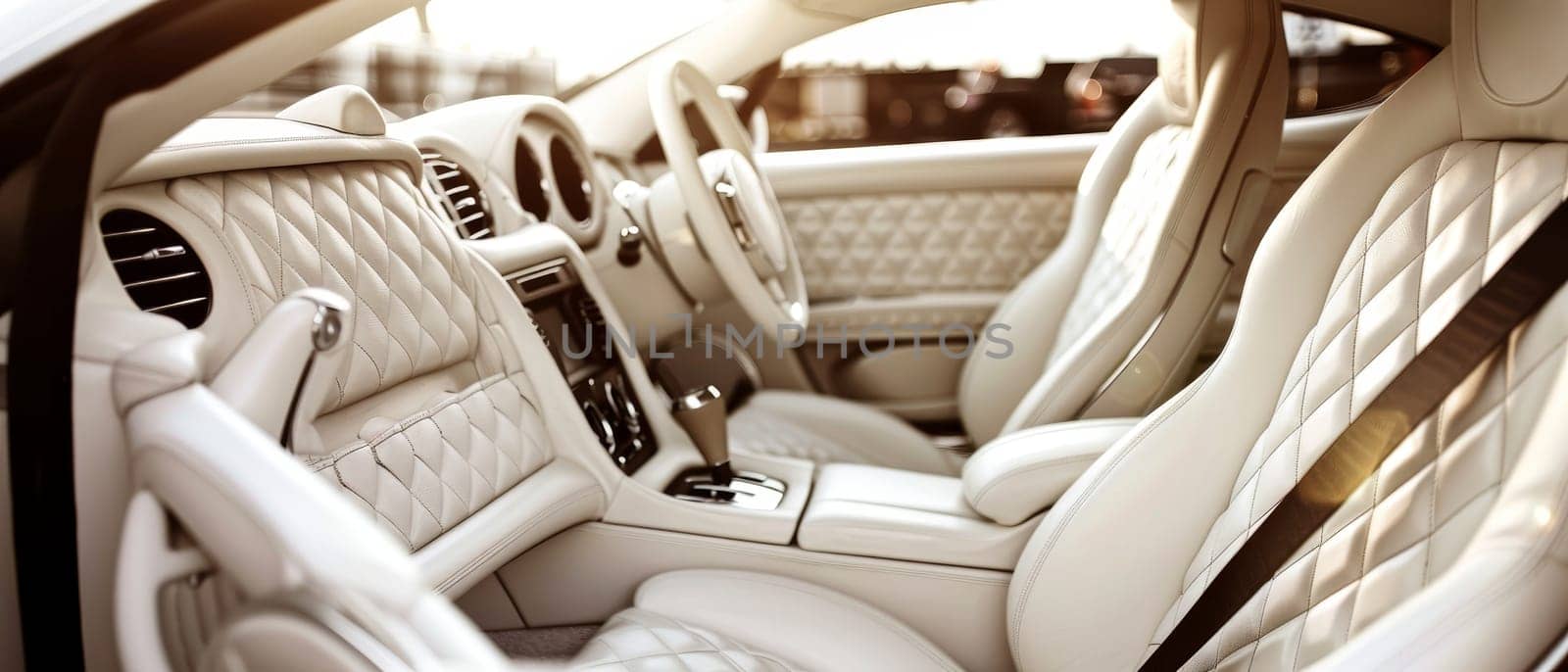 The sunlit interior of a luxury car, with quilted leather seats and elegant design elements, offers a warm and inviting ambiance for passengers. by sfinks