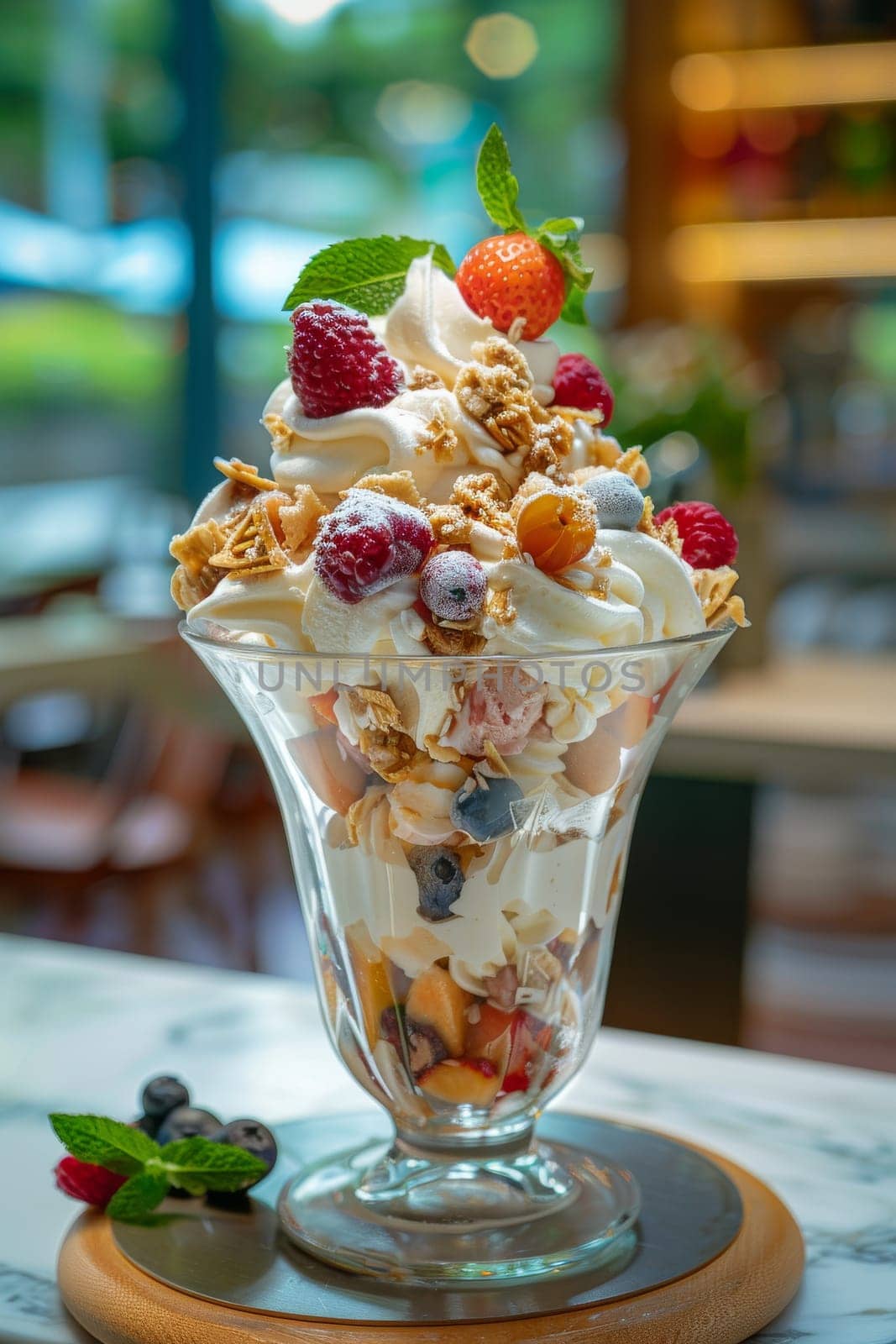A dessert with strawberries, blueberries, and raspberries in a glass bowl. The dessert is topped with whipped cream and granola
