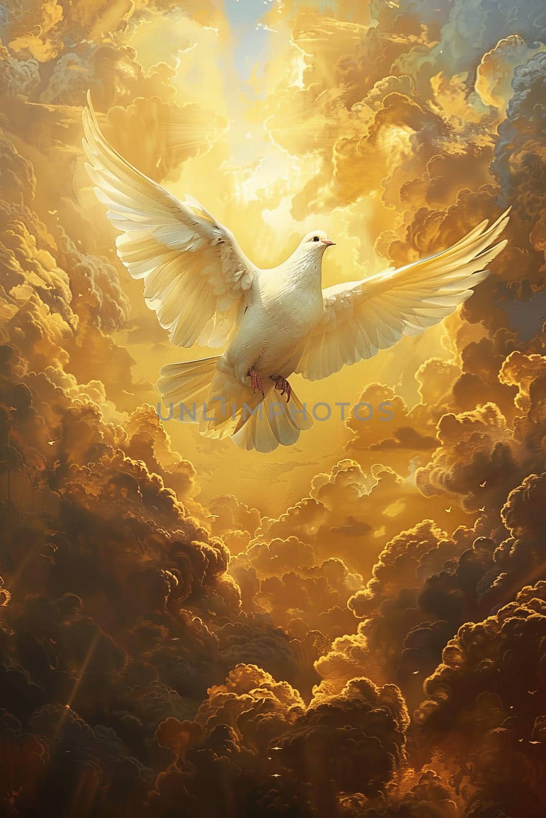 A white dove flying in the sky with a sun shining on it. The image has a peaceful and serene mood, as the dove is soaring high above the clouds