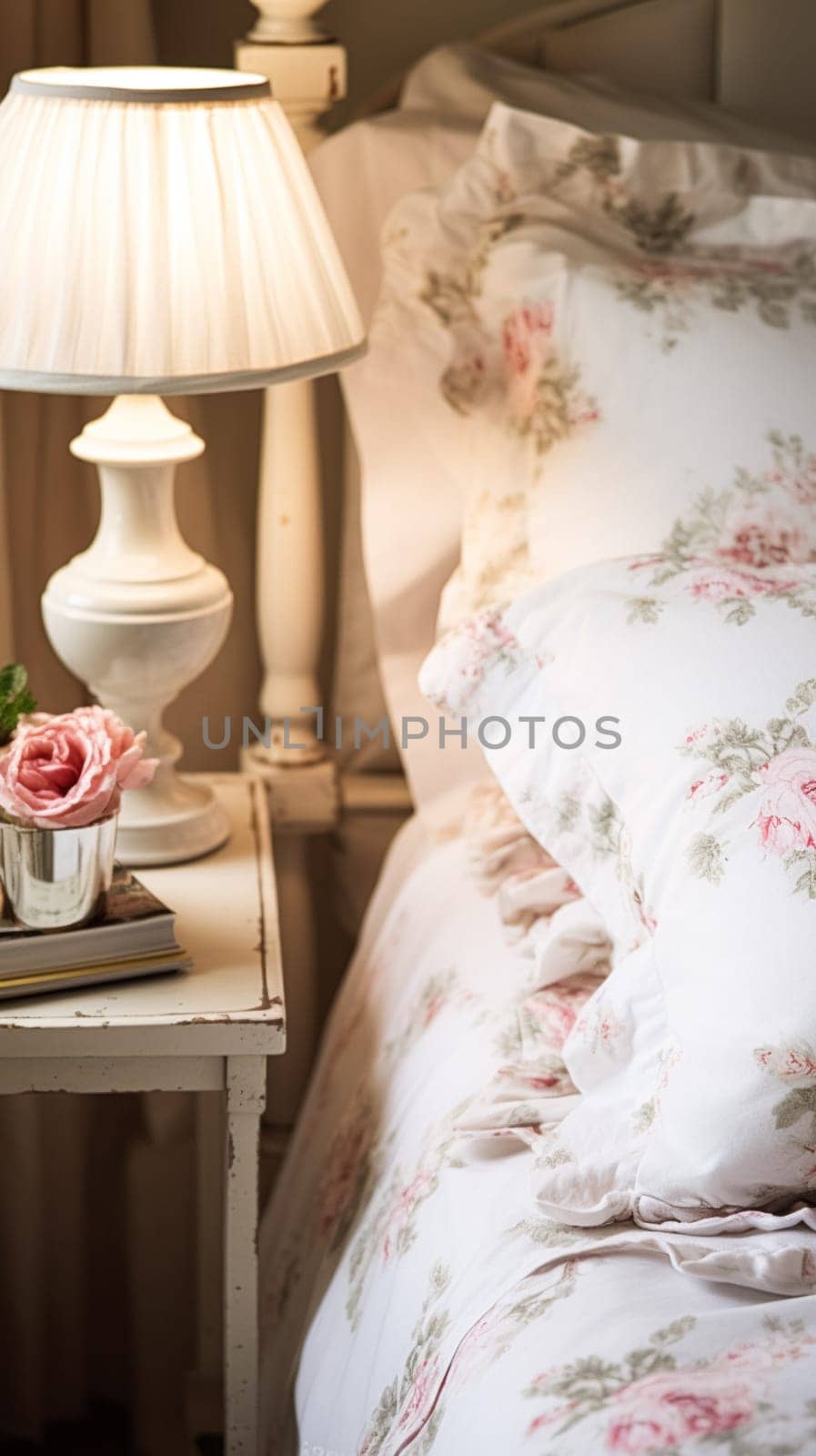 Bedroom decor, modern cottage interior design and home decor, bed linen and elegant country bedding, lamp and flowers, English countryside house style inspiration