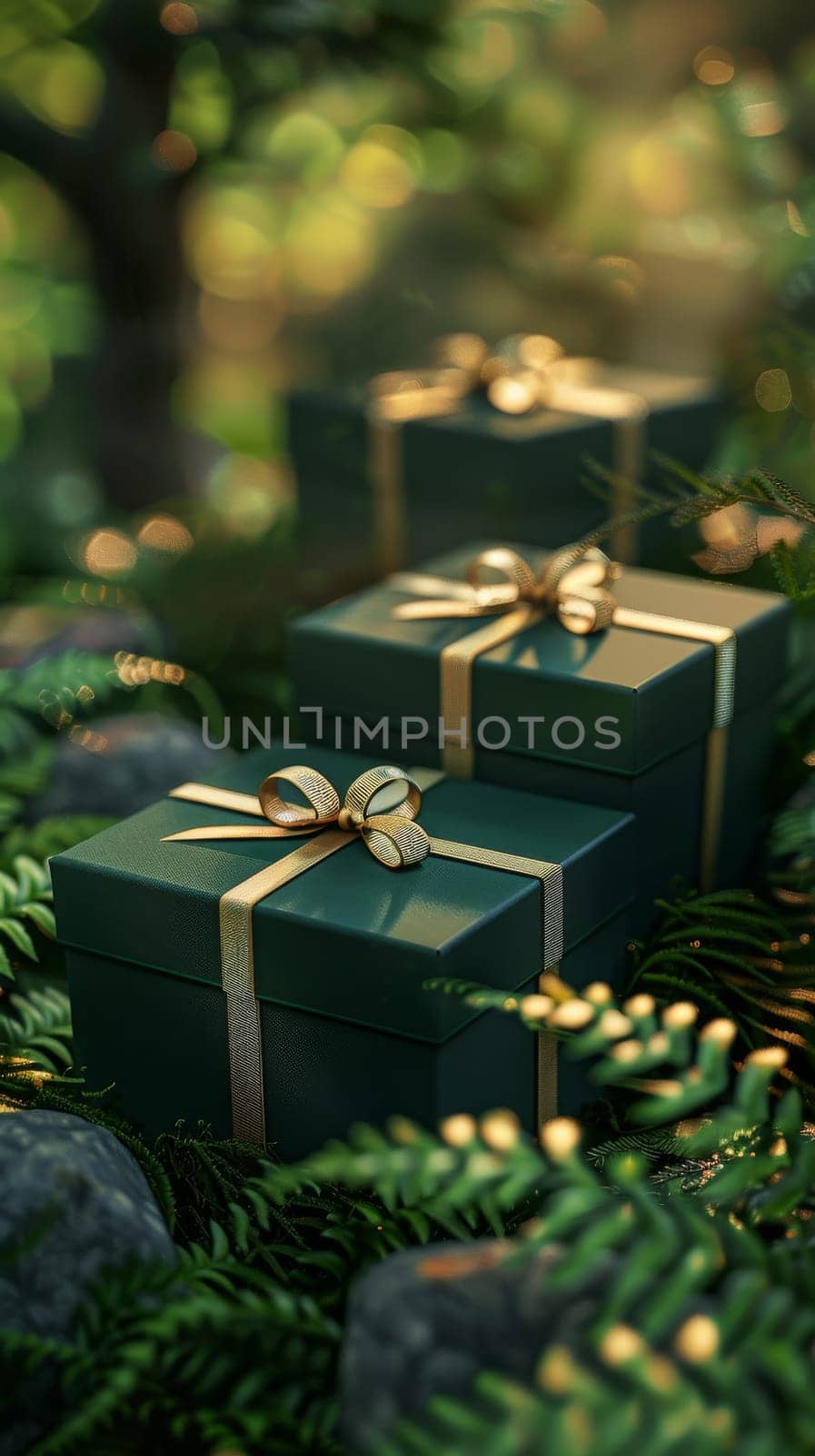 Three green boxes with gold ribbons on top of each other in a forest setting. The boxes are wrapped in green paper and have gold bows on them. Concept of celebration and joy