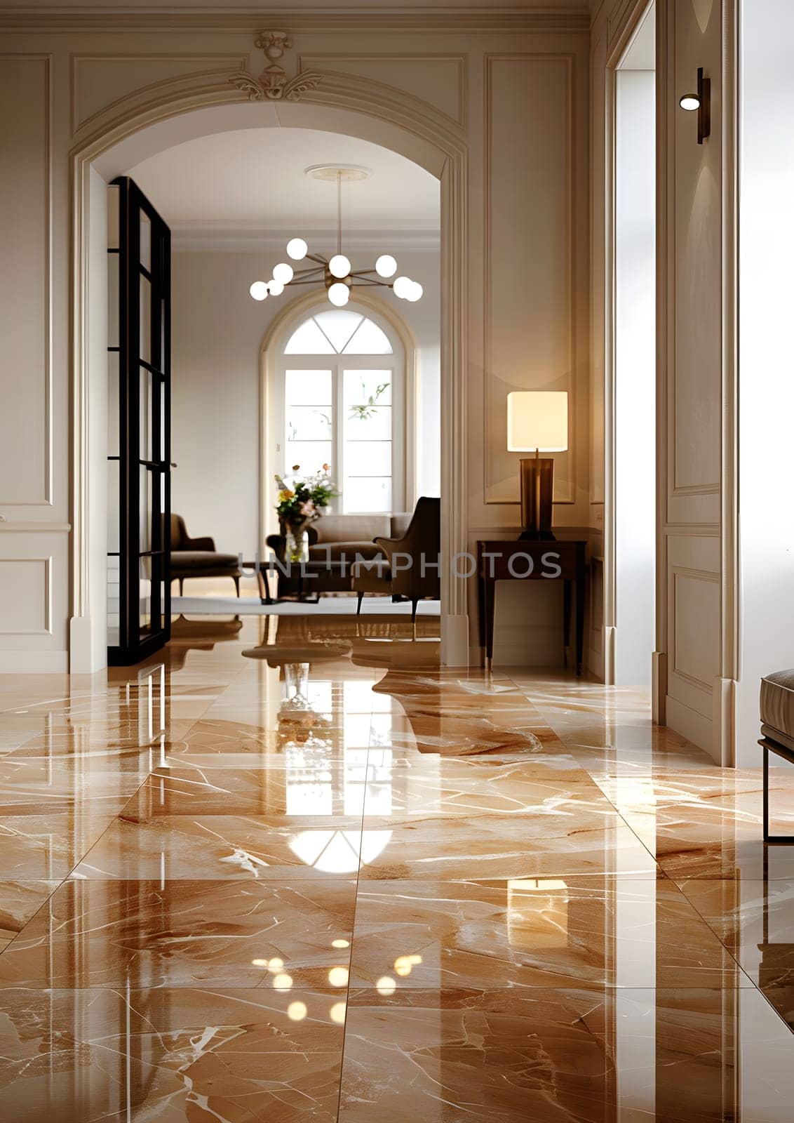 A living room with a marble floor, white walls, and hardwood fixtures. The interior design features a blend of tints and shades, creating a modern yet elegant space