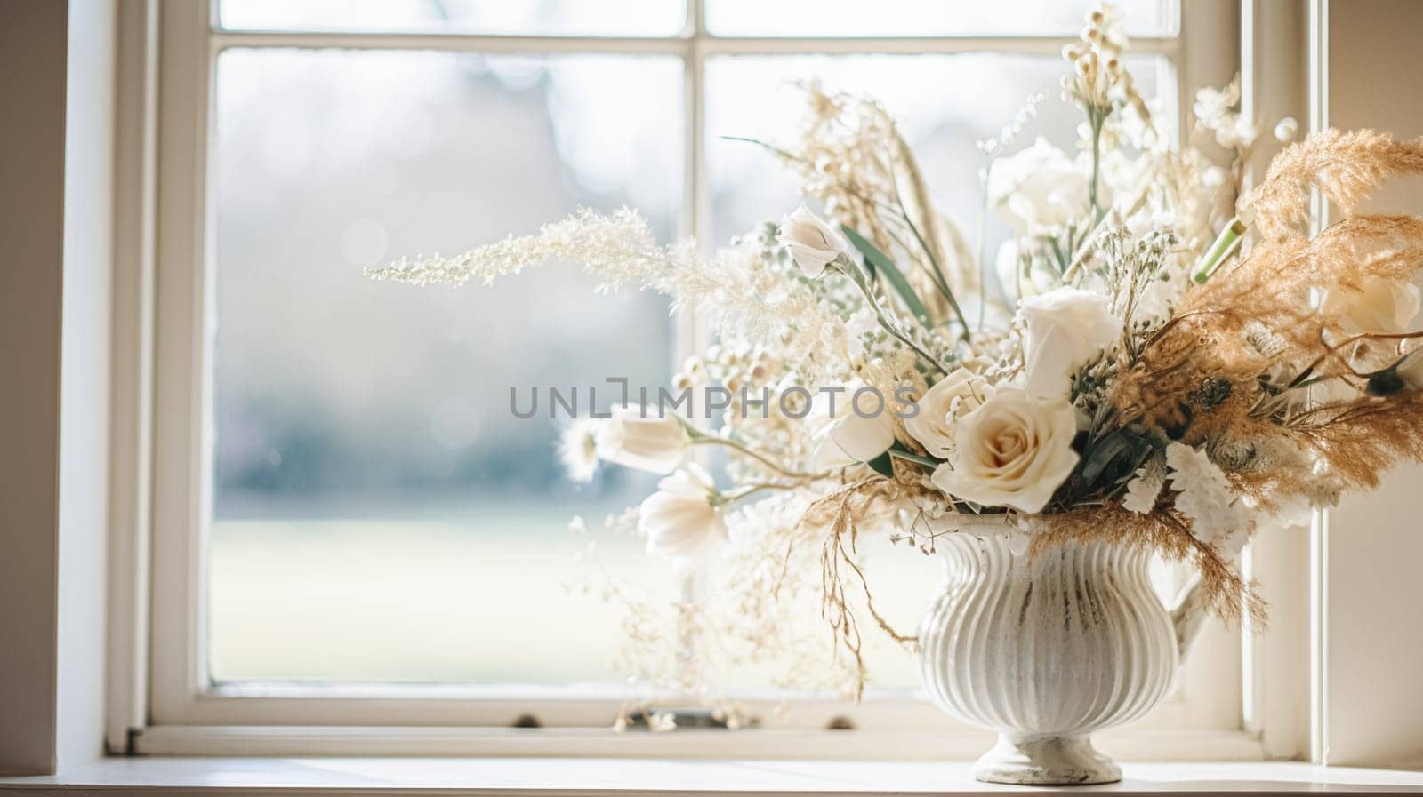 Beautiful floral arrangement with winter, autumn or early spring botanical plants and flowers