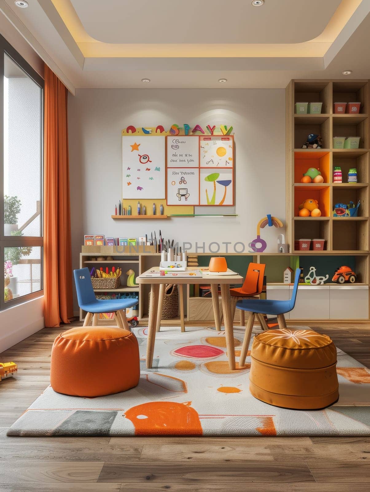 A child room with a desk and chairs, a painting of a child with a paw print on it, and a calendar on the wall