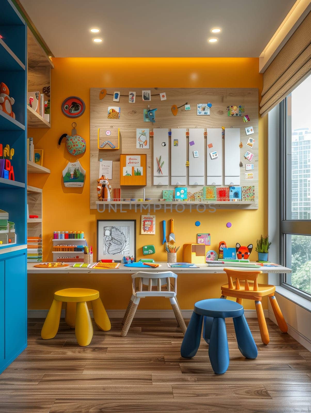 A child room with a desk and chairs, a painting of a child with a paw print on it, and a calendar on the wall