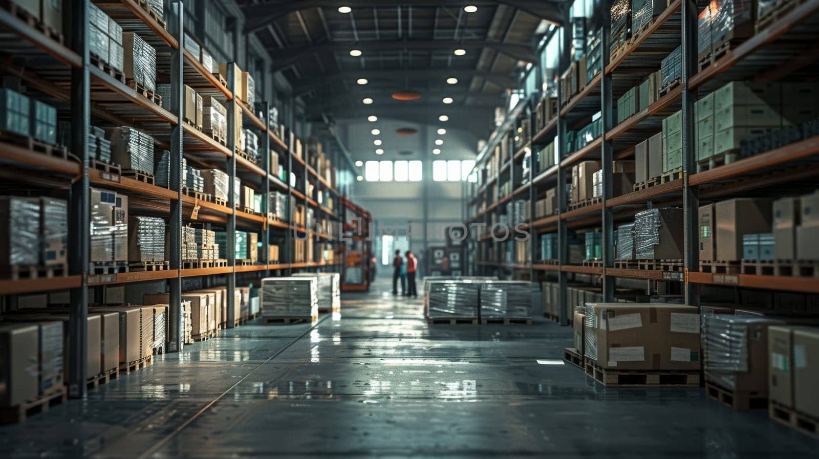 A warehouse with a lot of boxes and pallets. The boxes are stacked on top of each other and the pallets are on the floor. There are two people in the warehouse, one on the left and one on the right