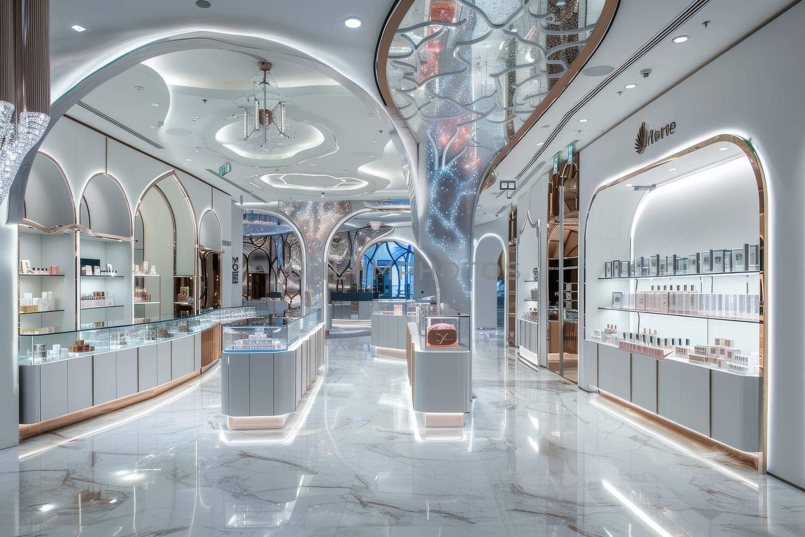 A store with a white interior and gold accents. The store is filled with many shelves and displays of perfume