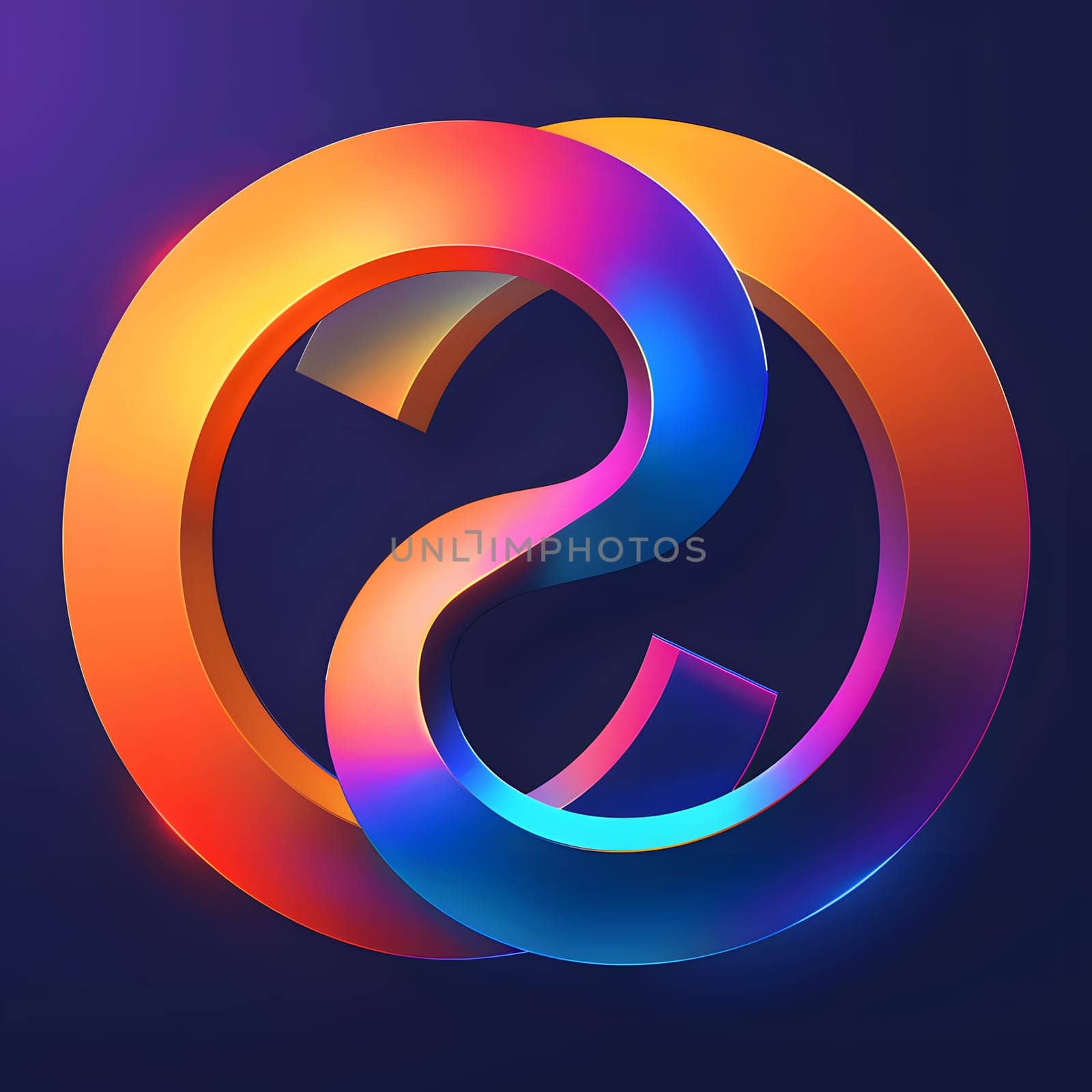 Two neon circles, one in violet and the other in magenta, intertwined on an electric blue background. A symbol of connectivity and energy, resembling a logo