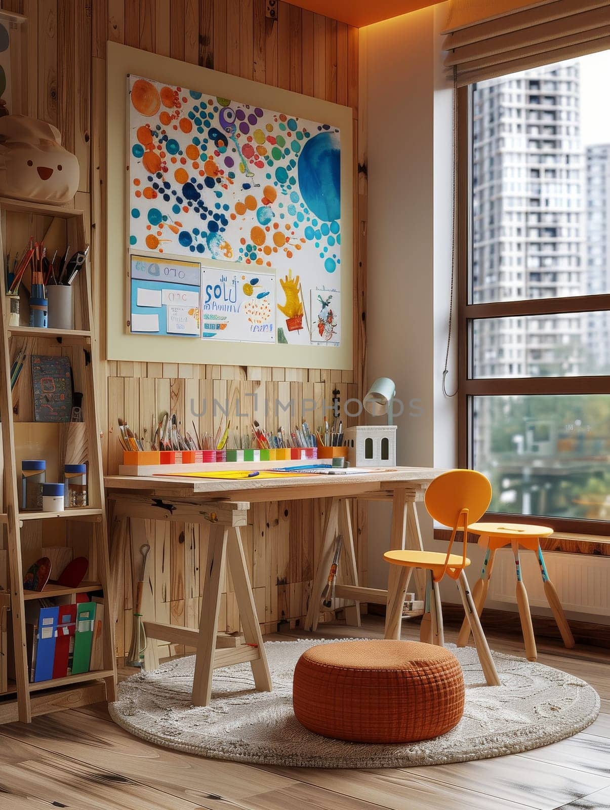 A child room with a desk and chairs, a painting of a child with a paw print on it, and a calendar on the wall