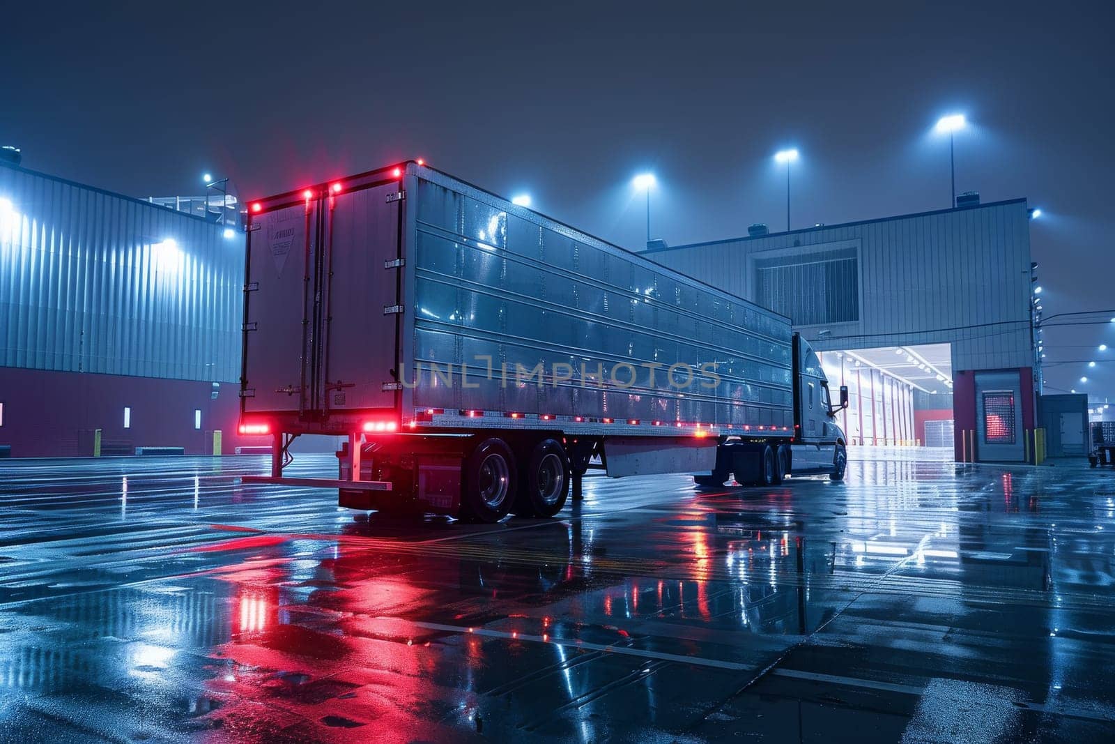 A semi truck is parked in a parking lot with a large building in the background. The truck is illuminated with lights, giving it a sense of movement and activity