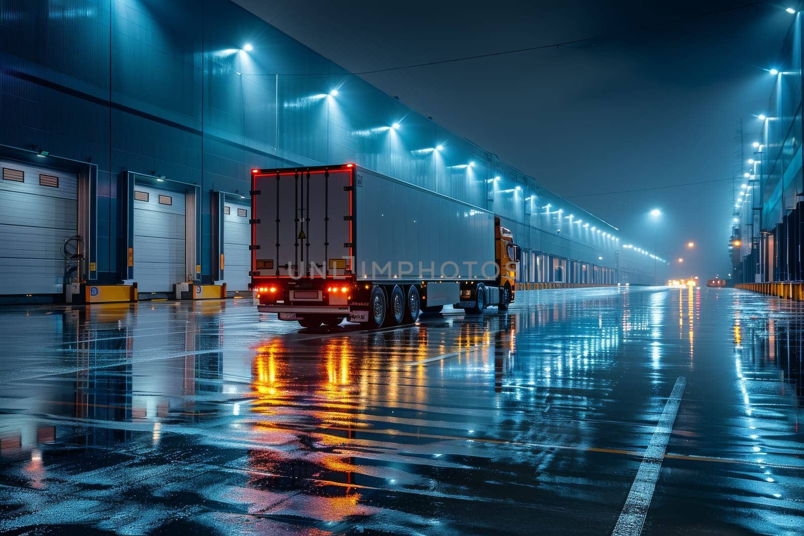 A semi truck is parked in a parking lot with a large building in the background. The truck is illuminated with lights, giving it a sense of movement and activity