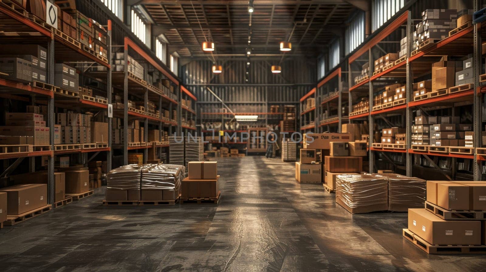 A warehouse with a lot of boxes and pallets. The boxes are stacked on top of each other and the pallets are on the floor. There are two people in the warehouse, one on the left and one on the right