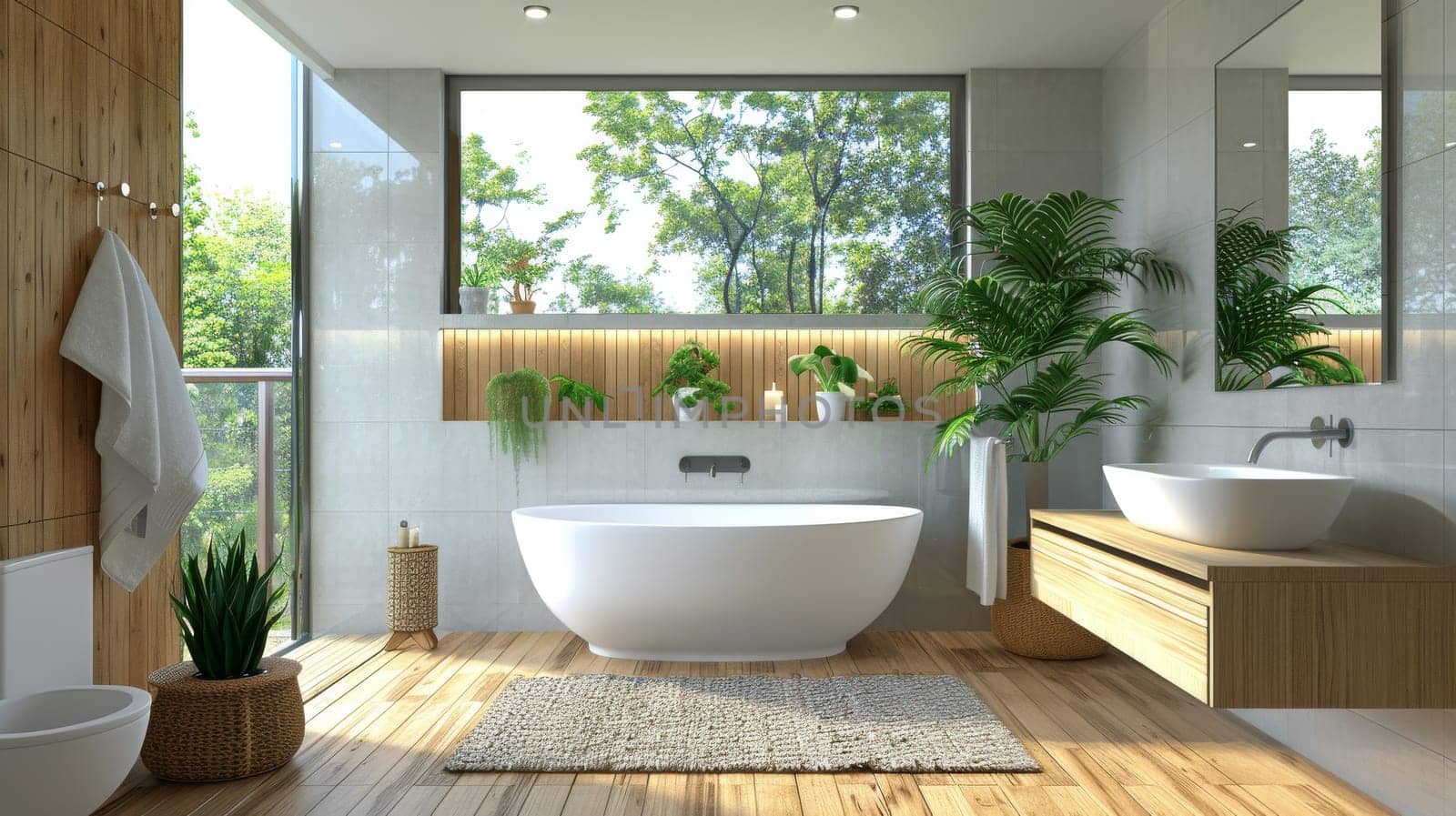 A bathroom with a large white bathtub and a wooden floor. The bathroom is decorated with a rug and a basket