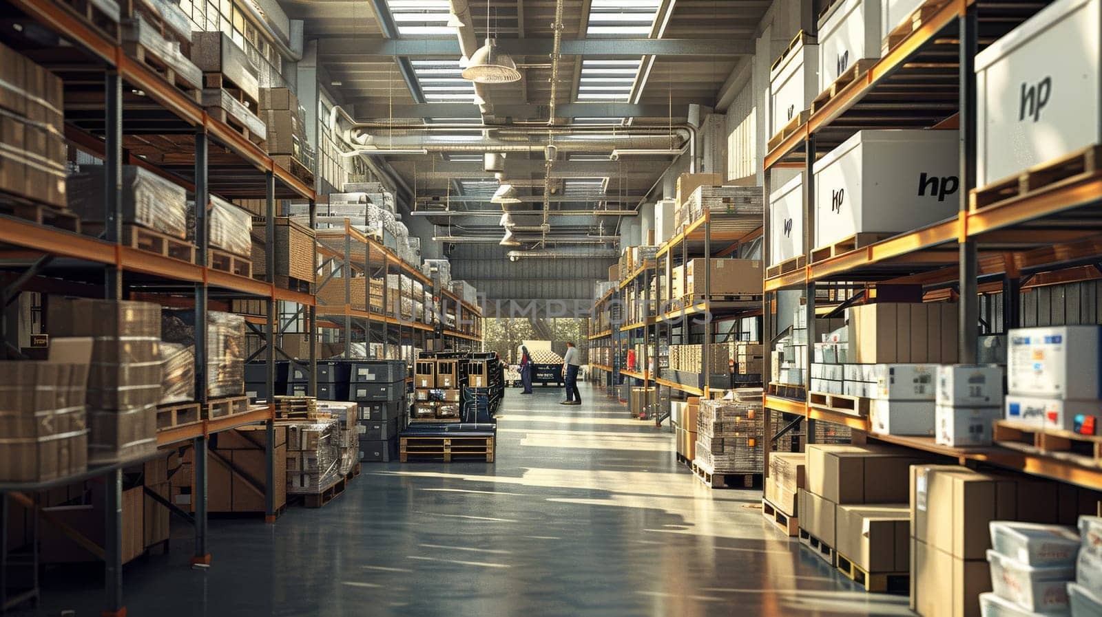 A warehouse with a lot of boxes and pallets. The boxes are stacked on top of each other and the pallets are on the floor. There are two people in the warehouse, one on the left and one on the right