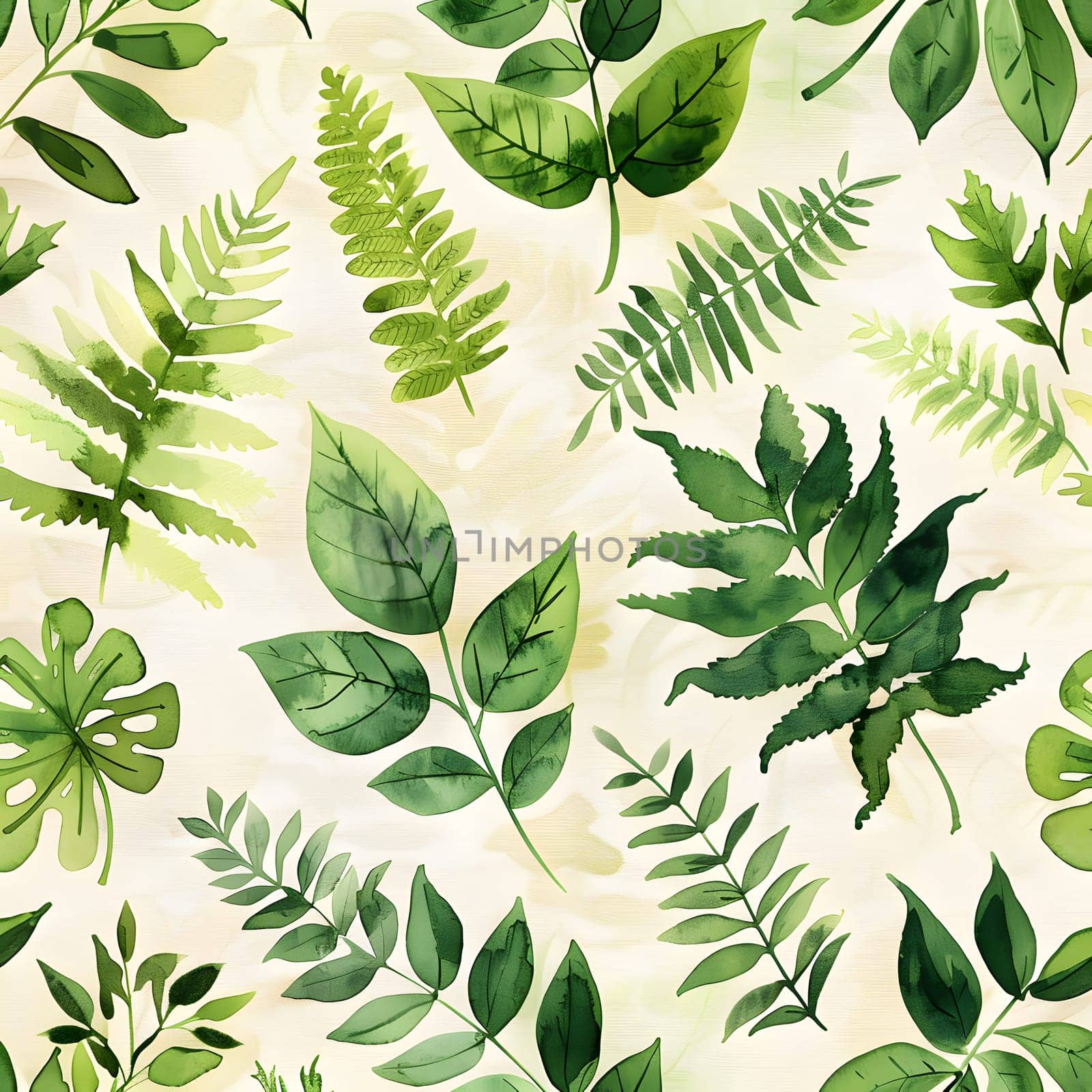 A beautiful seamless pattern of green leaves on a white background, showcasing the intricate details of various plant species. Perfect for nature lovers and botany enthusiasts