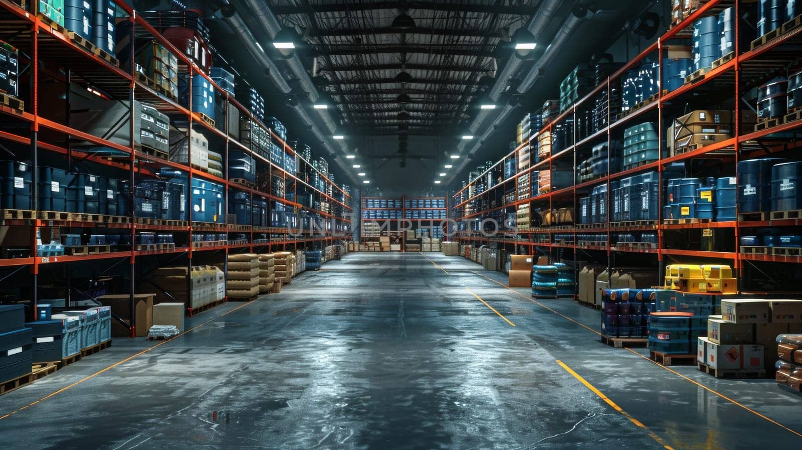 A warehouse with a lot of boxes and pallets. The boxes are stacked on top of each other and the pallets are on the floor. There are two people in the warehouse, one on the left and one on the right