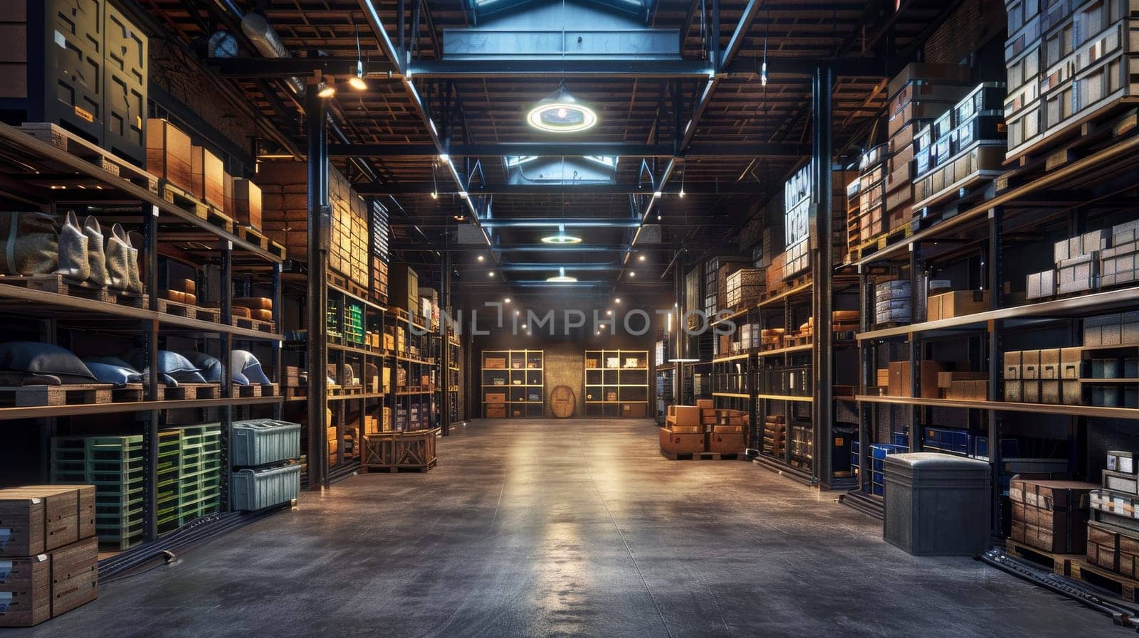 A warehouse with a lot of boxes and pallets. The boxes are stacked on top of each other and the pallets are on the floor. There are two people in the warehouse, one on the left and one on the right