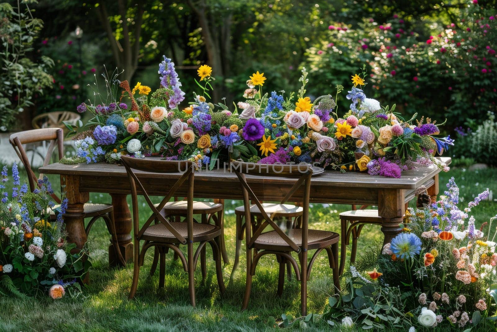 A table with a variety of flowers and chairs set up in a garden. Scene is peaceful and serene, with the flowers and chairs creating a welcoming atmosphere