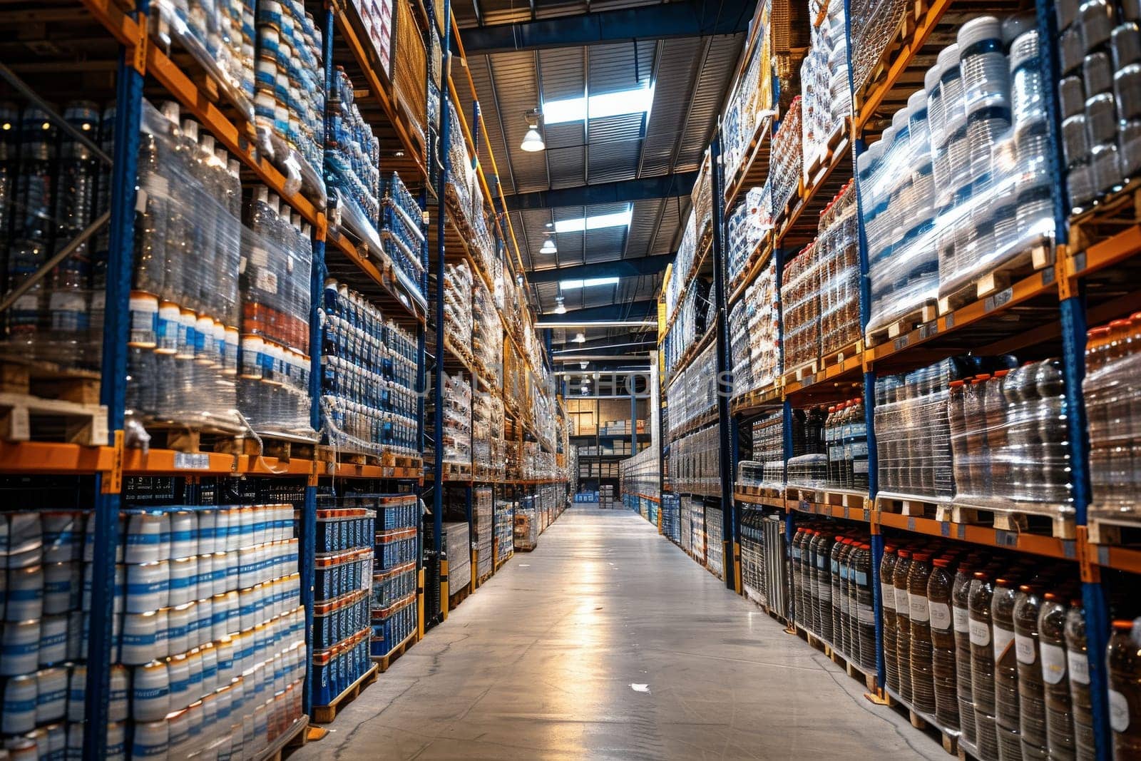 A warehouse with a lot of boxes and pallets. The boxes are stacked on top of each other and the pallets are on the floor. There are two people in the warehouse, one on the left and one on the right