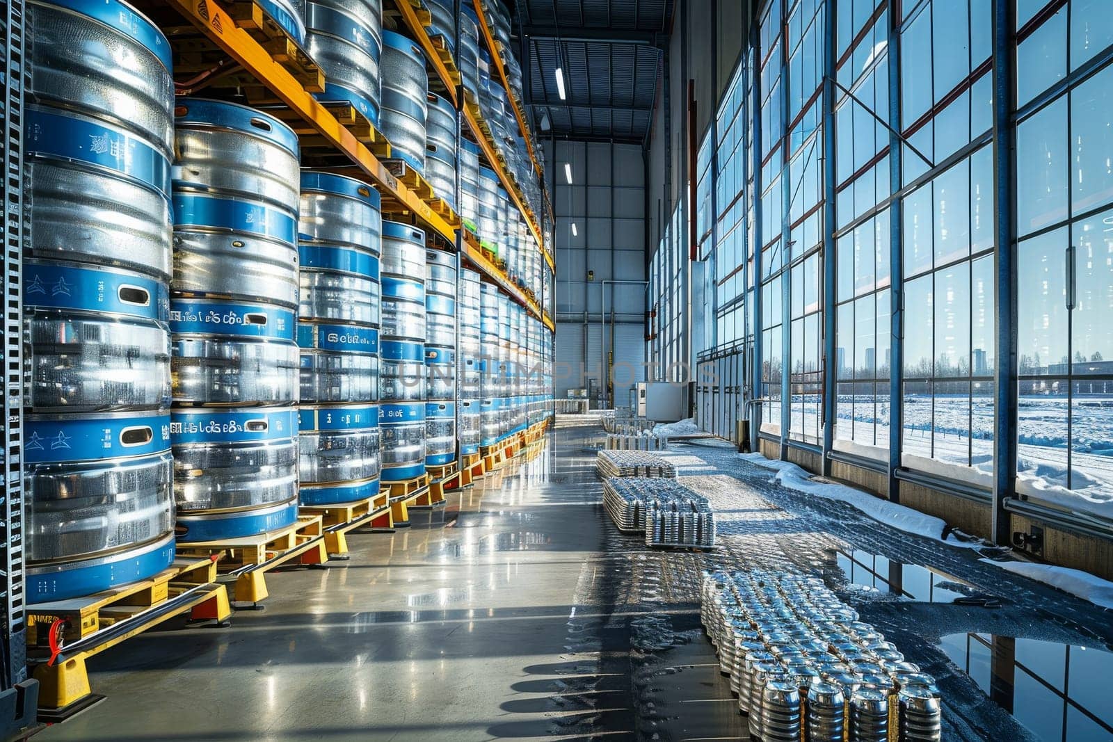 A warehouse with a lot of boxes and pallets. The boxes are stacked on top of each other and the pallets are on the floor. There are two people in the warehouse, one on the left and one on the right