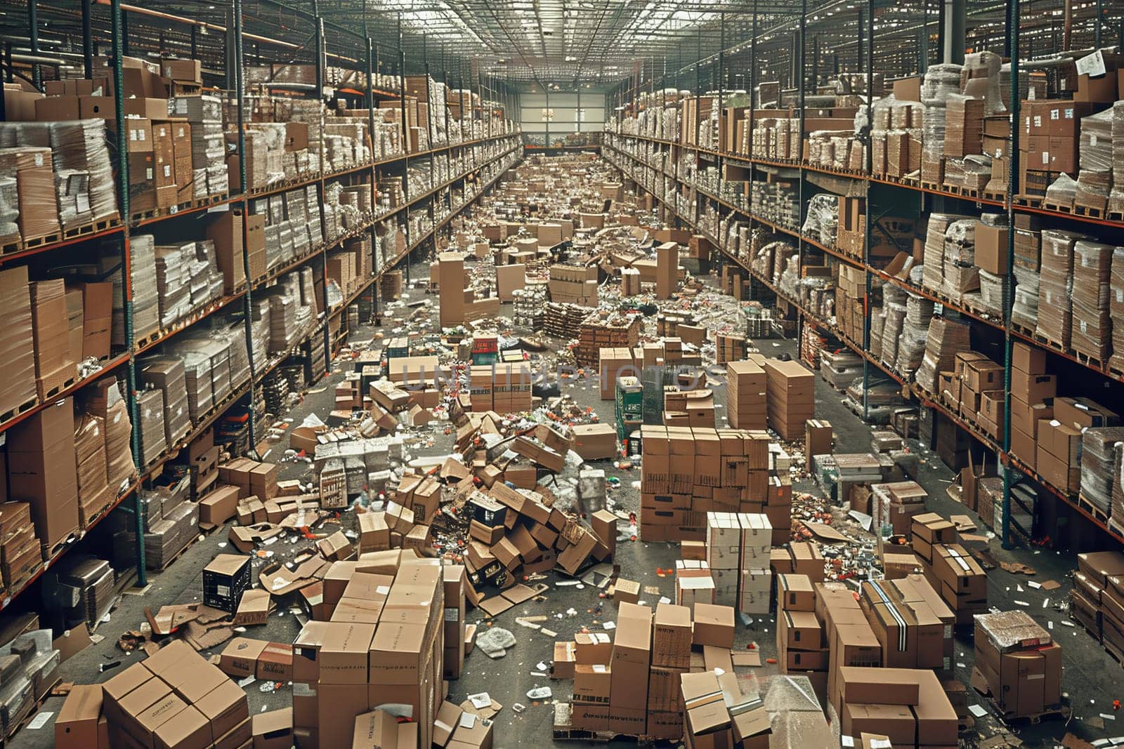 A warehouse full of boxes with a lot of white and brown boxes. The boxes are piled up and stacked on top of each other