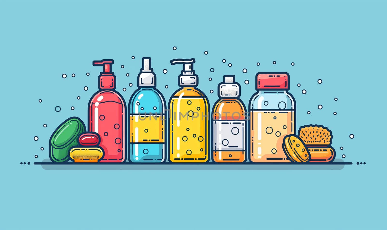 An illustration of various soap bottles. by Fischeron