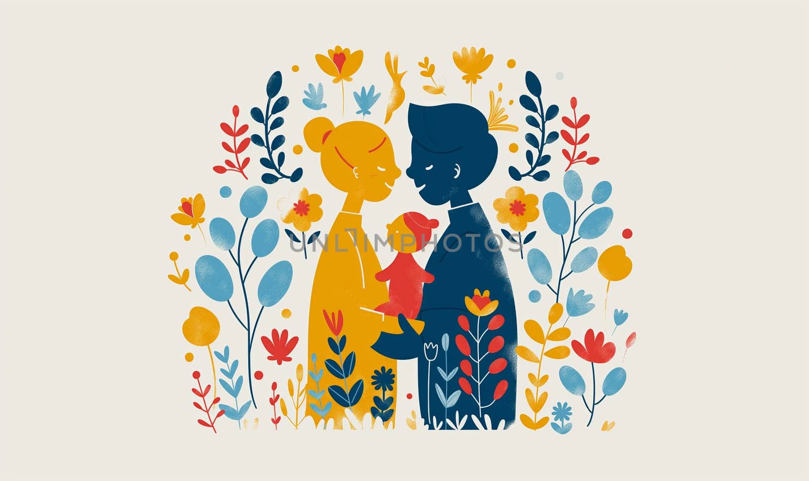 Illustration, man and woman with a child between them. Selective focus