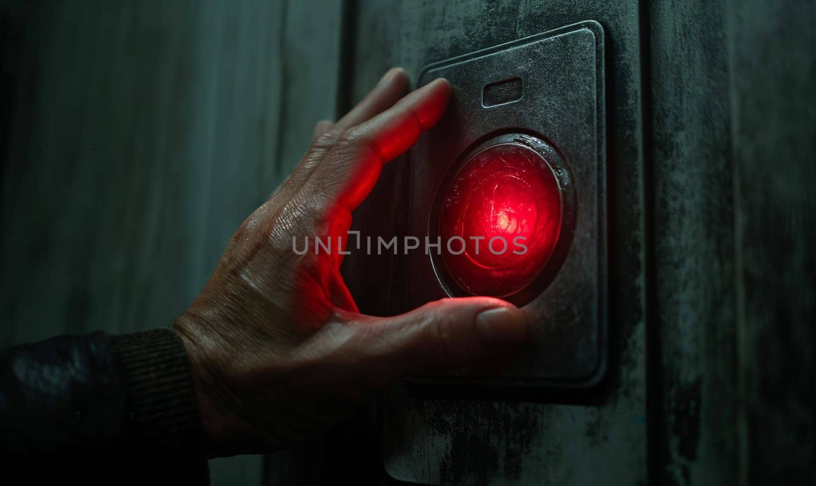 The hand touches the red button. Selective soft focus.