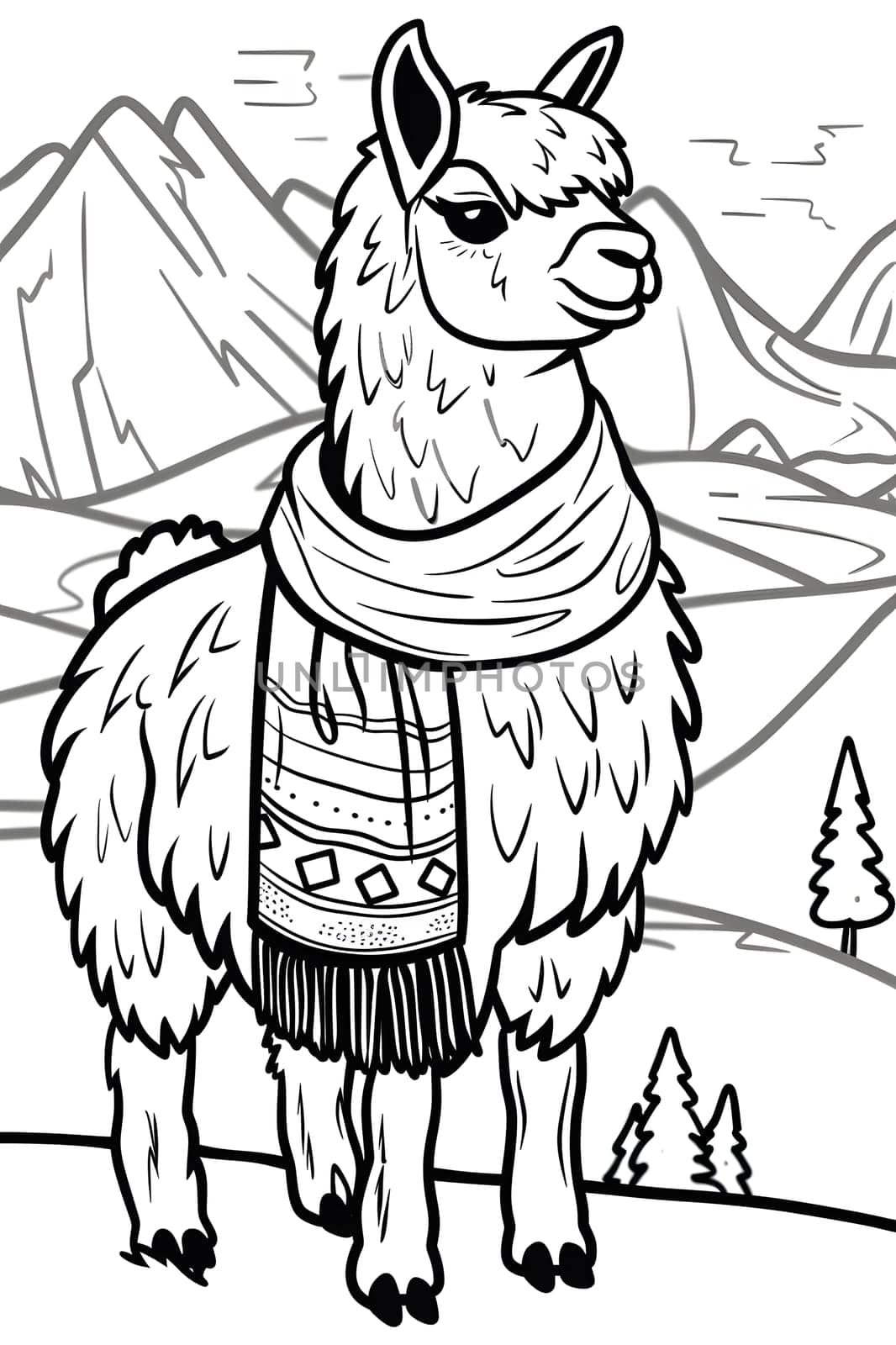 Cartoon drawing of a white llama with a scarf, a vertebrate mammal showing a playful gesture. The art piece is done in black and white lines