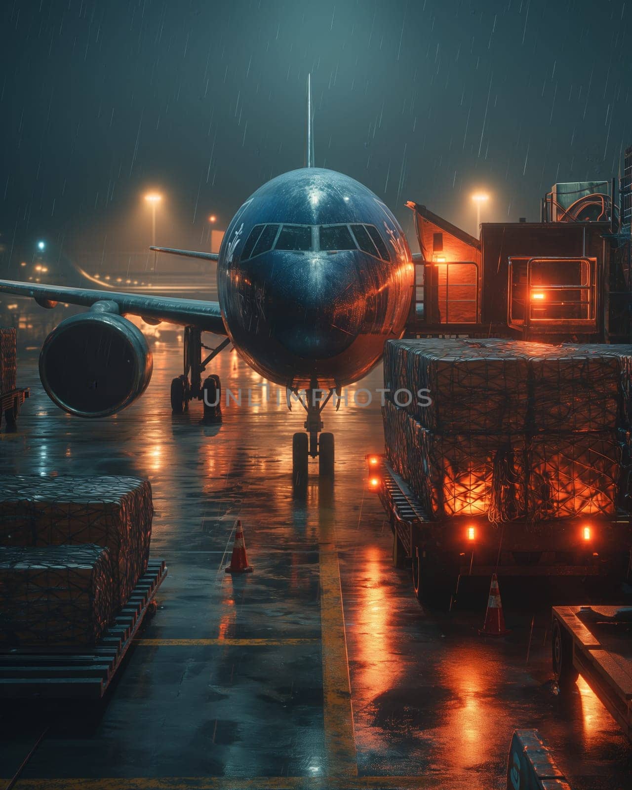 Loading cargo onto an airplane. Selective soft focus.