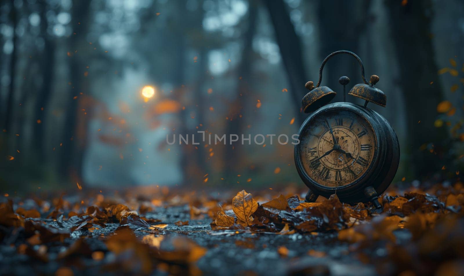 Alarm clock in the autumn forest. by Fischeron