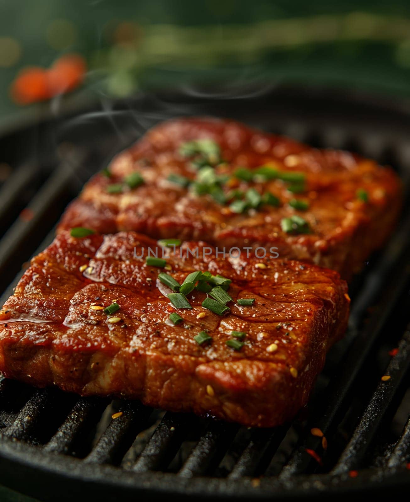 Two pieces of meat cooking on a grill. by Fischeron