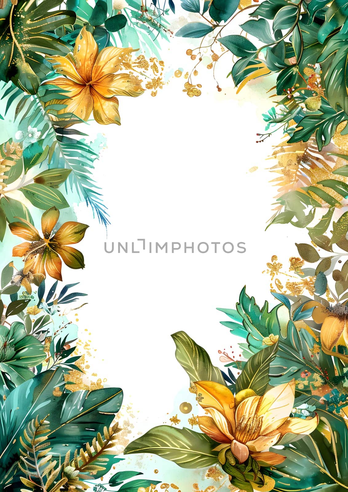 An art piece showcasing vibrant tropical flowers and leaves painted in watercolor on a white background, capturing the beauty of terrestrial plant organisms in intricate patterns