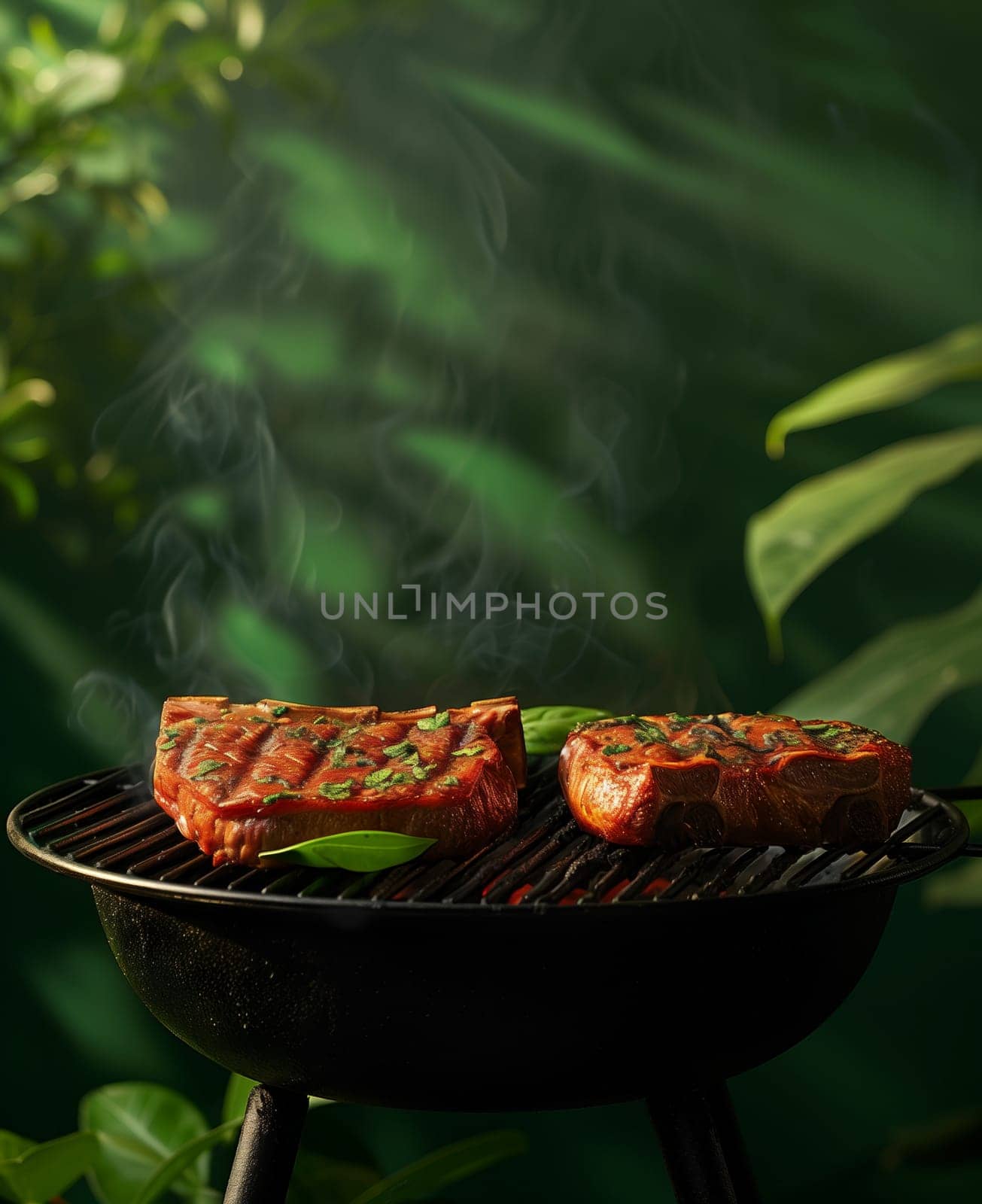 Two pieces of meat cooking on a grill. by Fischeron