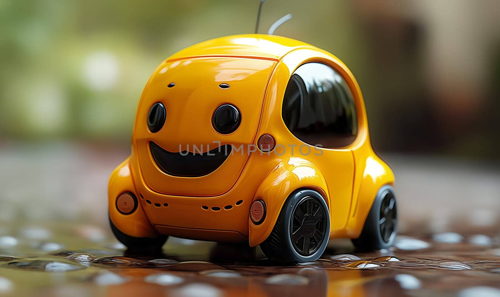 Detailed view of a toy car placed on an urban street surface. by Fischeron