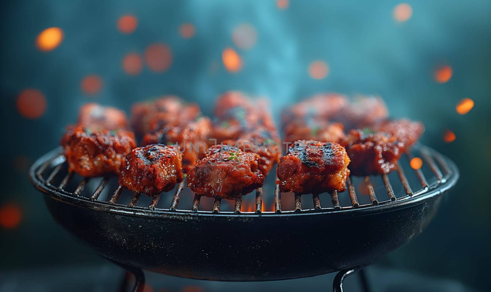 Pieces of meat cooked on the grill. by Fischeron