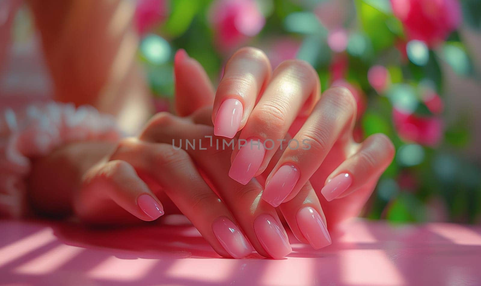 Elegant Pink Manicure Showcased on Hand. Selective focus