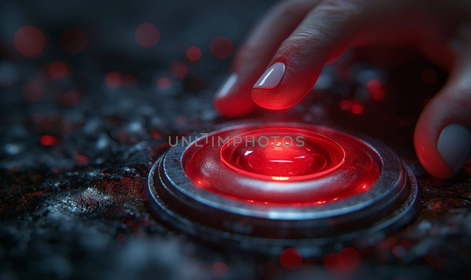 The hand touches the red button. Selective soft focus.