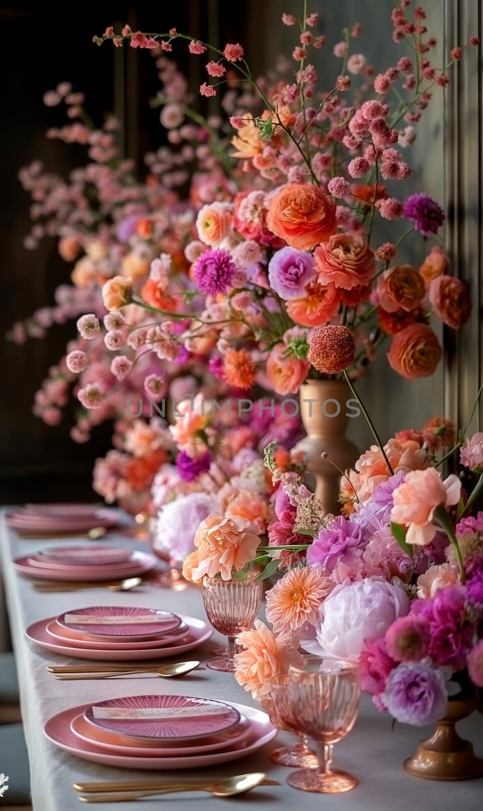 Floral arrangement of various flowers on the festive table. Selective focus