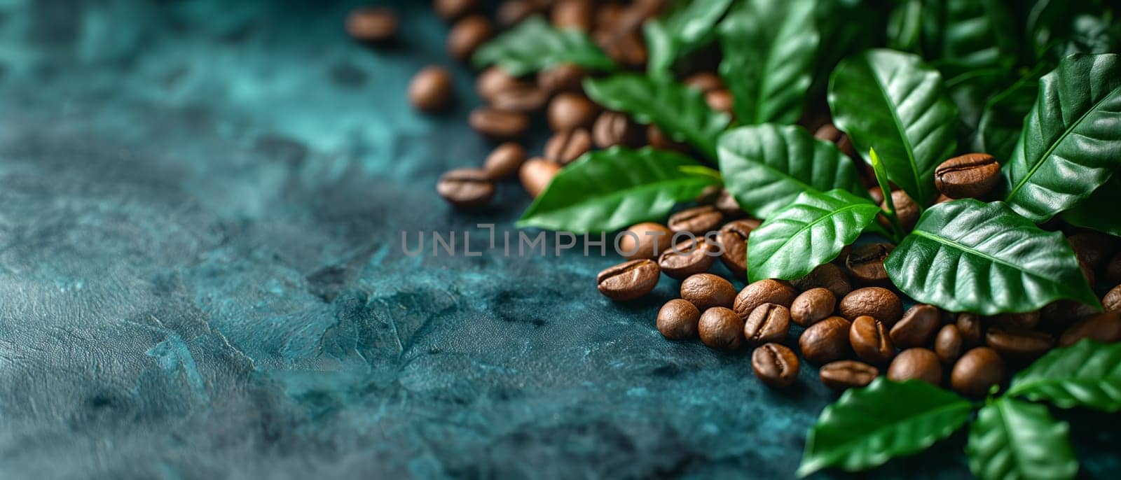 Coffee Beans and Leaves on Dark Background. by Fischeron
